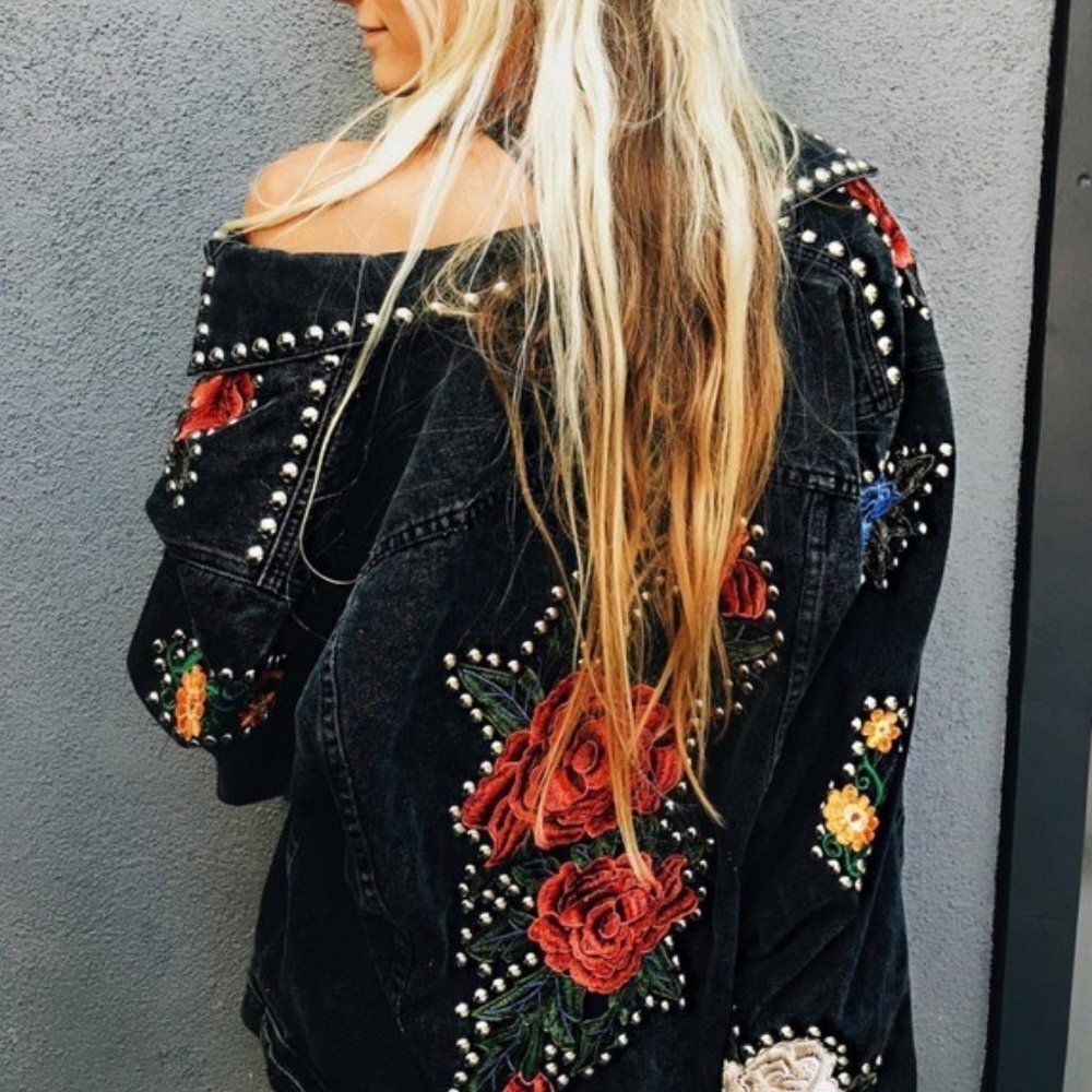 LF Furst of a Kind Limited Edition Rose Floral Studded Denim Jacket
